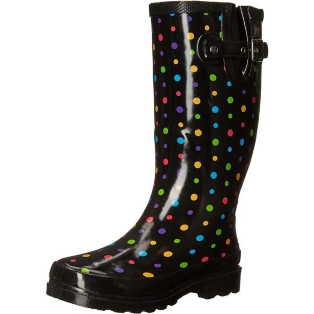 NEW Women's Unique Printed Tall 100% Waterproof Rain Boot Adjustable Strap - Picture 1 of 6